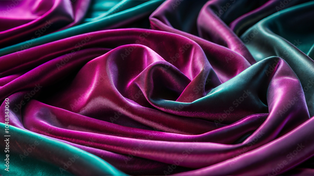 Luxurious purple and teal silk fabric with rich folds and texture Luxurious purple and teal silk fabric with rich folds and texture