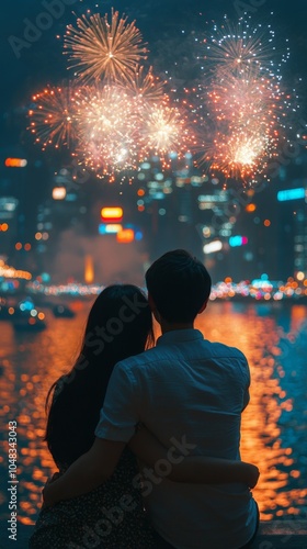 Couple watching fireworks display over city skyline at night by the waterfront