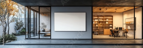Modern office space with large glass windows and minimalist design in a brigh...