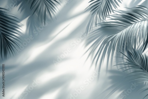 Tropical palm leaves casting intricate shadows on a light background during bright daylight