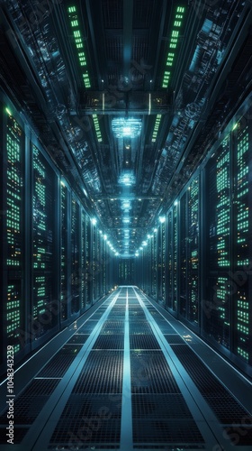 A futuristic data center filled with glowing servers and advanced technology ...