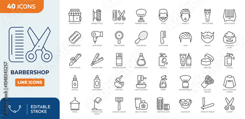 Barbershop line editable icon set. Hair salon icons, Hairstylist vector icons set. Containing clipper, comb, razor blade, sprayer, pomade, hair dryer, and more. Editable stroke. Vector illustration