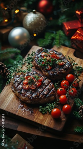 Deliciously grilled steaks served with fresh cherry tomatoes and herbs during...
