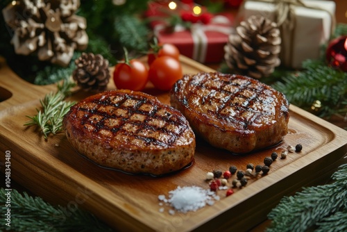 Grilled meat patties served on a wooden platter with festive decorations duri...