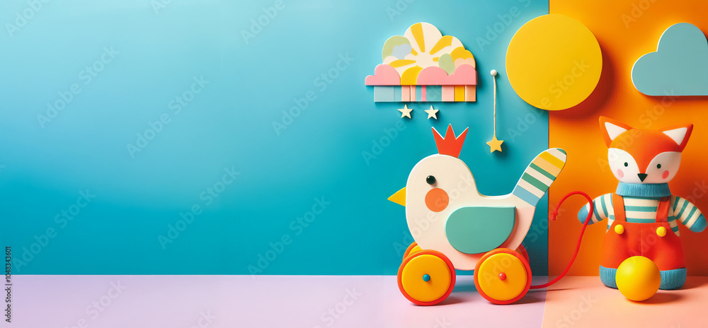 Fototapeta premium Colorful wooden toys on a vibrant orange and blue background with cloud and star decorations. Flat lay composition with copy space. Children toys and nursery decor concept,