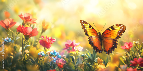 Monarch Butterfly Resting on Vibrant Flowers in Sunlight
