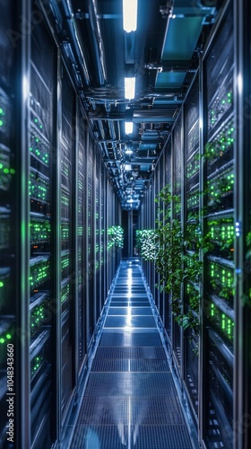 A futuristic data center filled with glowing servers and advanced technology ...