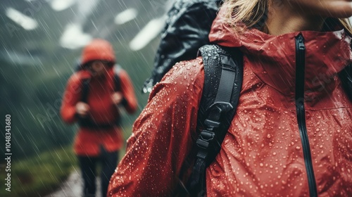 Hikers navigating a rainy trail in the mountains while wearing waterproof jackets during an adventurous outdoor excursion in nature