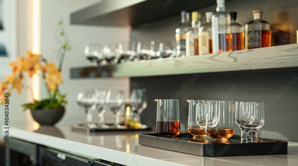 The sleek and modern bar area features open shelving showcasing a selection of premium liquors and glasses. The sleek and modern bar area features open shelving showcasing a selection of premium liquors and glasses.