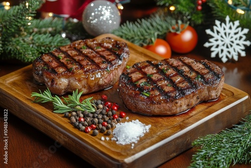 Grilled meat patties served on a wooden platter with festive decorations duri...