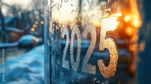 2025 Written with Snow or Frost A close-up of a frosty window where someone has traced the number 