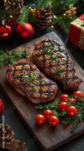 Deliciously grilled steaks served with fresh cherry tomatoes and herbs during...