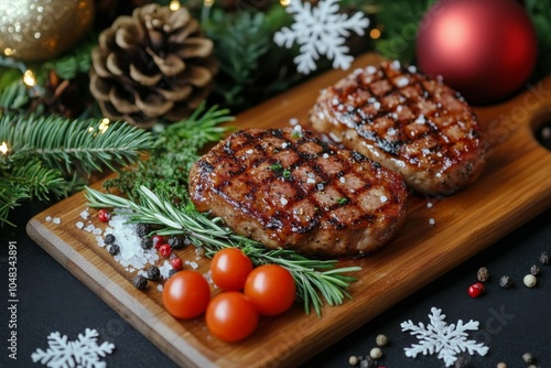 Grilled meat patties served on a wooden platter with festive decorations duri...