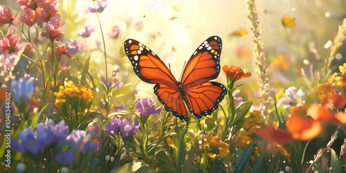 Monarch Butterfly Resting on Vibrant Flowers in Sunlight