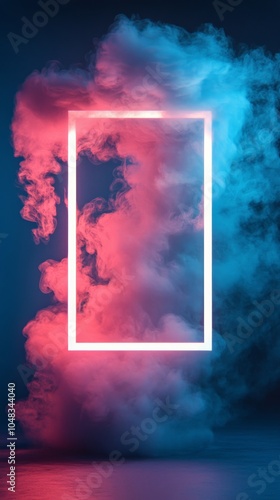 Colorful smoky cloud in a rectangular frame with vibrant blue background and ...