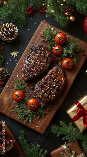 Deliciously grilled steaks served with fresh cherry tomatoes and herbs during...