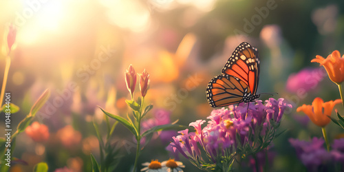 Monarch Butterfly Resting on Vibrant Flowers in Sunlight