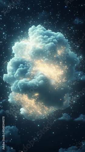 A cloud releasing shimmering particles in a dark, starry sky at night