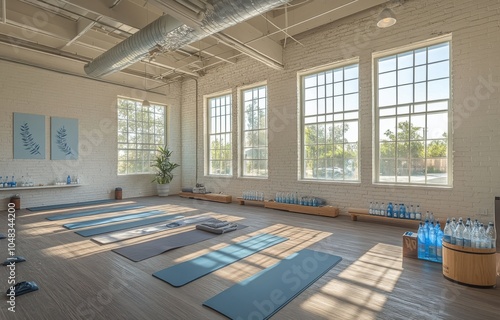 Bright and airy yoga studio with natural light and wooden accents in a tranqu...