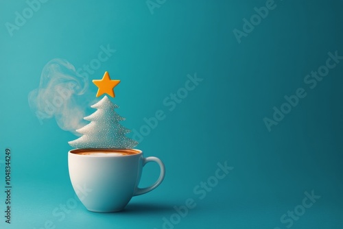 A festive cup of coffee with Christmas tree shaped cookie and steam on a teal...