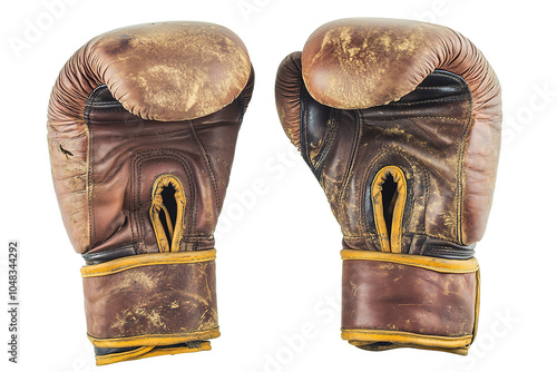 Two old boxing gloves are worn and dirty. on transparent background. photo