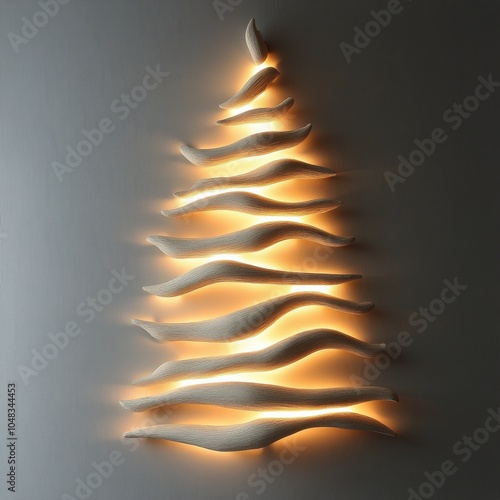 Decorative wall art resembling a Christmas tree with warm lighting in a moder...