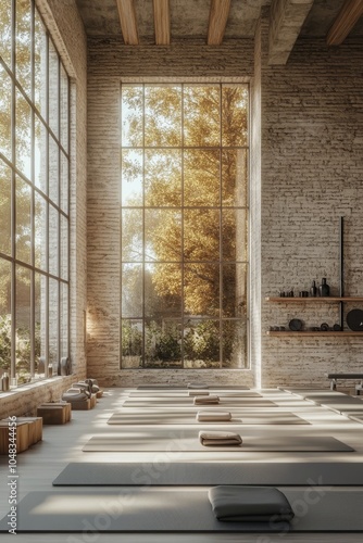 Bright and spacious wellness studio with large windows overlooking nature in ...