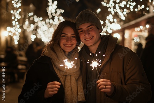 Joyful couple celebrating New Years Eve with sparklers under festive lights