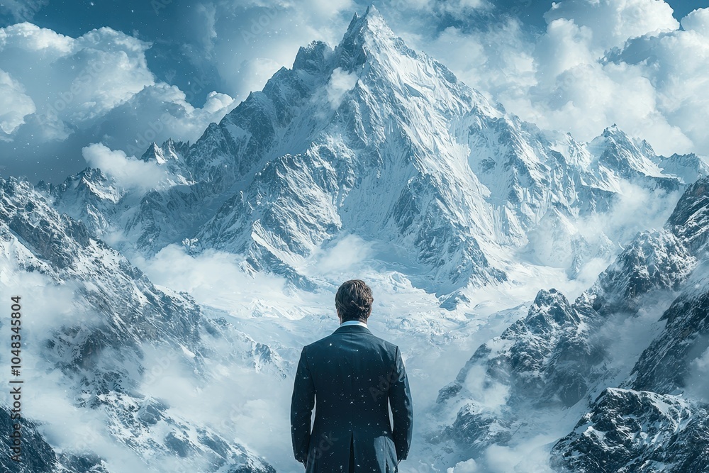 A suited figure stands before a majestic snow-capped mountain, surrounded by clouds, evoking a sense of adventure and introspection. A suited figure stands before a majestic snow-capped mountain, surrounded by clouds, evoking a sense of adventure and introspection.