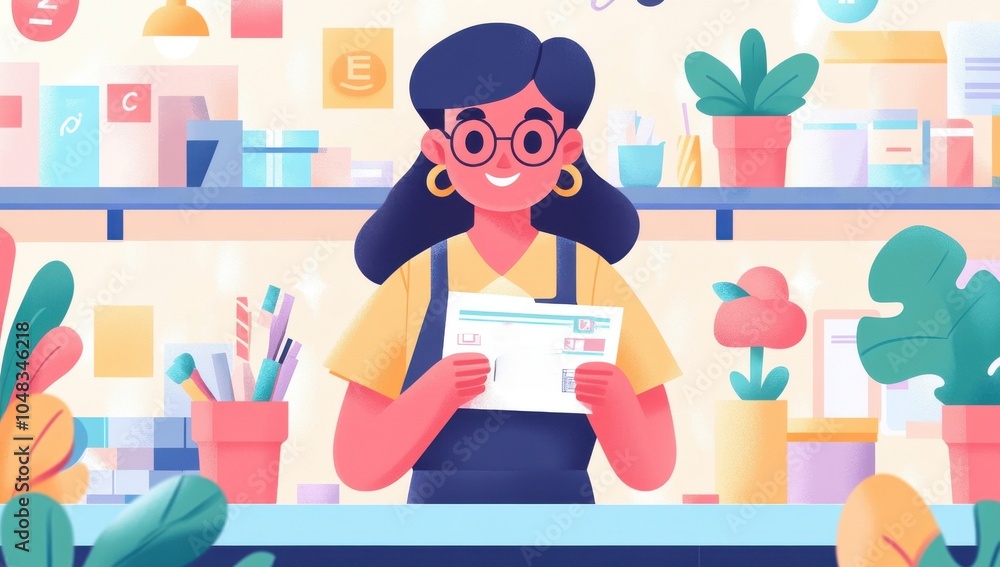 A cheerful woman with glasses holds a document in a colorful workspace filled with plants, stationery, and various items on shelves. A cheerful woman with glasses holds a document in a colorful workspace filled with plants, stationery, and various items on shelves.