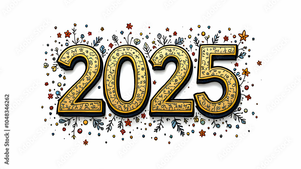 Golden 2025 New Year Celebration with Doodle Flowers Golden 2025 New Year Celebration with Doodle Flowers