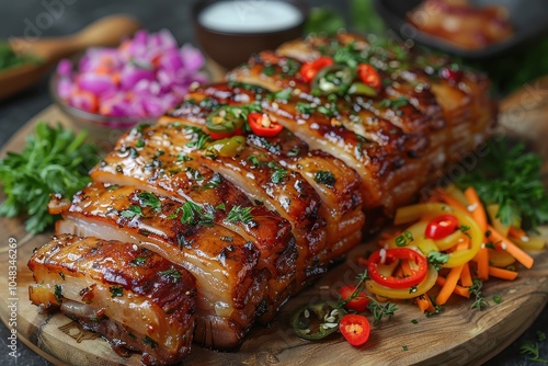 A serving of podsherevok, a roasted pork belly dish, sliced and served with mustard and pickled vegetables