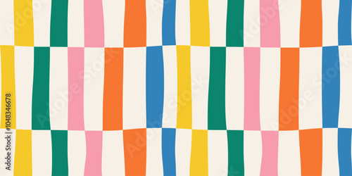Abstract seamless pattern of vertical multicolored stripes in a row, distorted colorful chess pattern on a light background, hand drawn illustration, flat style