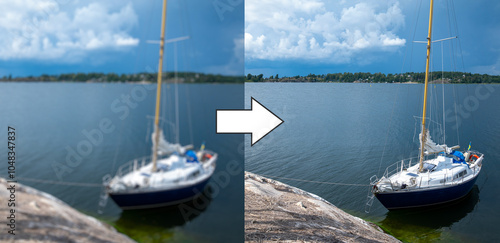 Concept of image blur restoration technology - defocused blurred picture of a landscape with the boat on the left, and the the enhanced (restored) version on the right