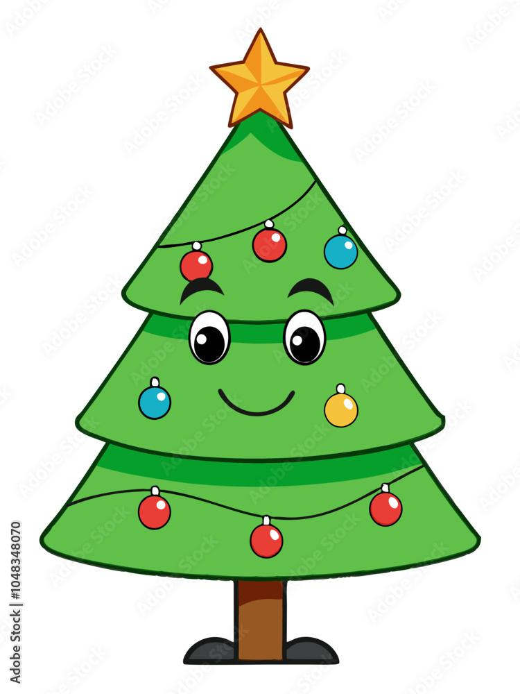 a cartoon illustration of a Christmas tree. The tree is green with three layers of branches, each decorated with colorful round ornaments in red, blue, and yellow a cartoon illustration of a Christmas tree. The tree is green with three layers of branches, each decorated with colorful round ornaments in red, blue, and yellow