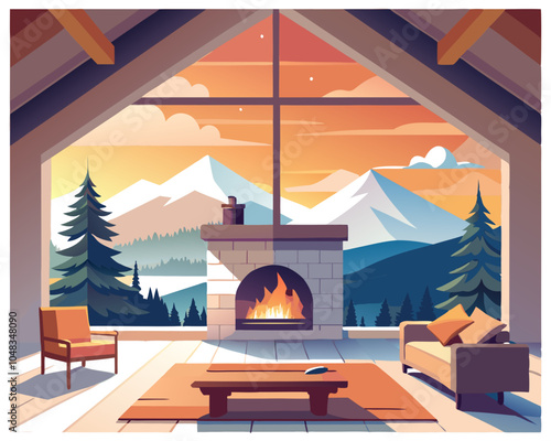 an illustration of a cozy living room with a large window offering a stunning view of a mountainous landscape. The room has a high, sloped ceiling with wooden beams