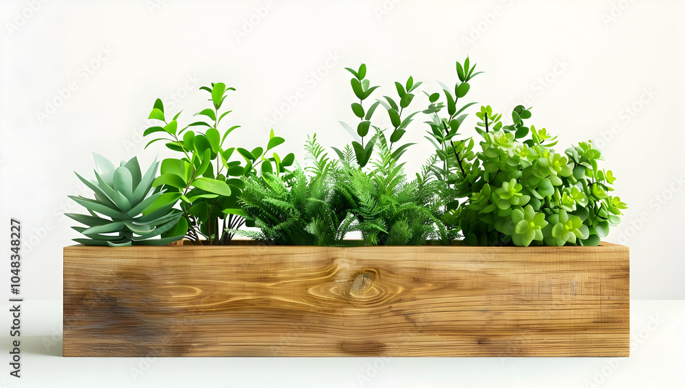 Fototapeta premium A wooden planter box with various green plants, isolated on a white background