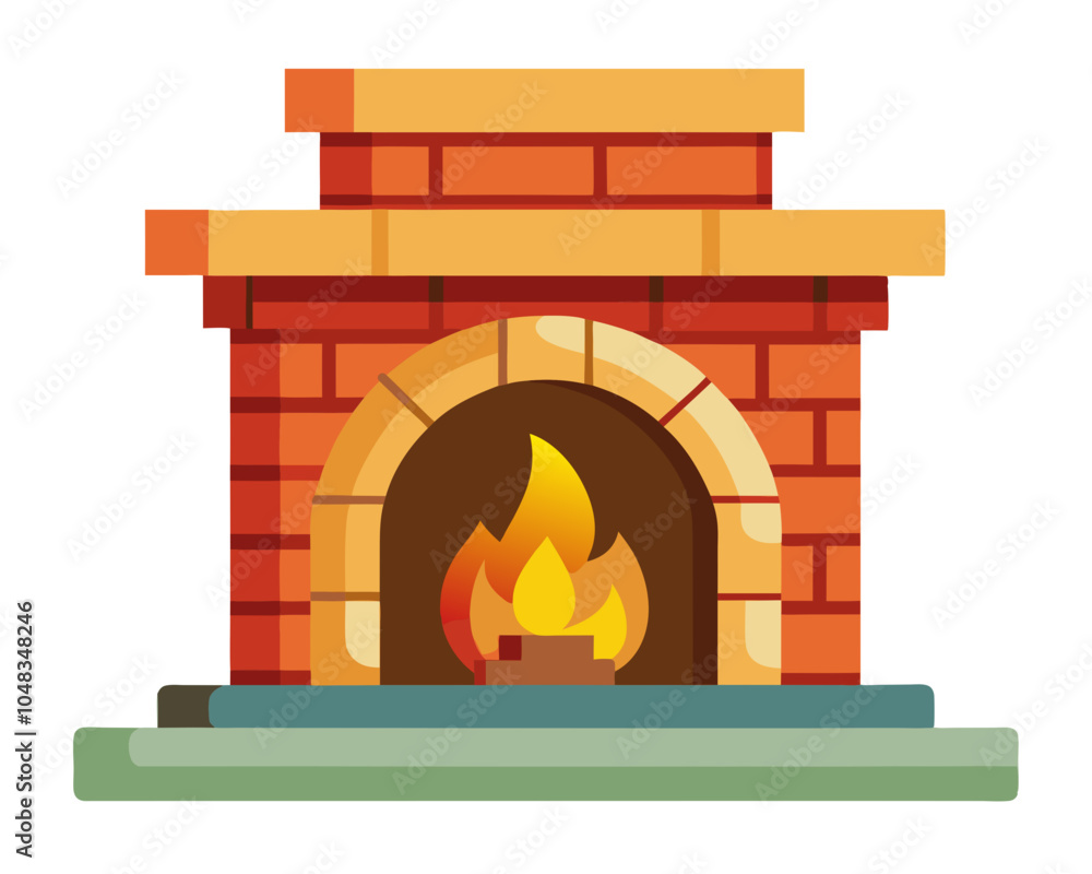 Fototapeta premium a cartoon-style illustration of a brick fireplace. The fireplace is made of red bricks with a light brown mantel on top. Inside the fireplace, there is a fire burning with flames in shades of yellow 