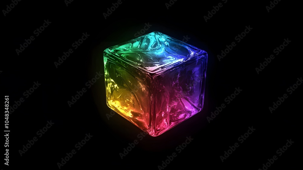 A single, colorful cube floats in the pitch-black space. The cube is translucent and glows with an iridescent rainbow gradient of colors from top to bottom A single, colorful cube floats in the pitch-black space. The cube is translucent and glows with an iridescent rainbow gradient of colors from top to bottom