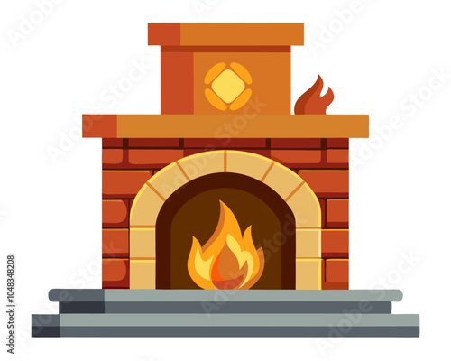 a cartoon-style illustration of a brick fireplace. It has a rectangular shape with a chimney on top. The fireplace is made of red bricks with a light-colored stone arch around the opening