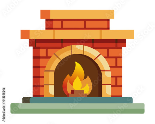  a cartoon-style illustration of a brick fireplace. The fireplace is made of red bricks with a light brown mantel on top. Inside the fireplace, there is a fire burning with flames in shades of yellow 