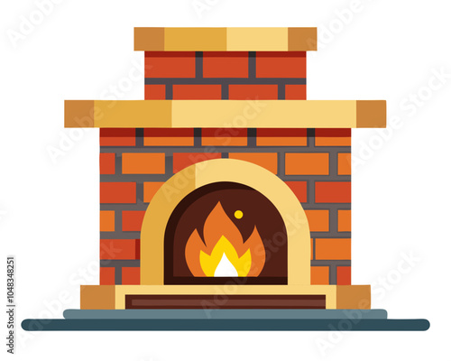  a simple illustration of a brick fireplace. It has a rectangular shape with a chimney on top. The fireplace is made of red bricks with a few yellow bricks for contrast