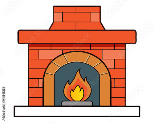 a simple, cartoon-style illustration of a brick fireplace. The fireplace is made of red bricks and has a rectangular shape with a chimney at the top. Inside the fireplace