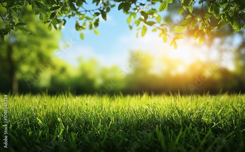 Sunny grass field under tree canopy with soft green leaves during afternoon l...
