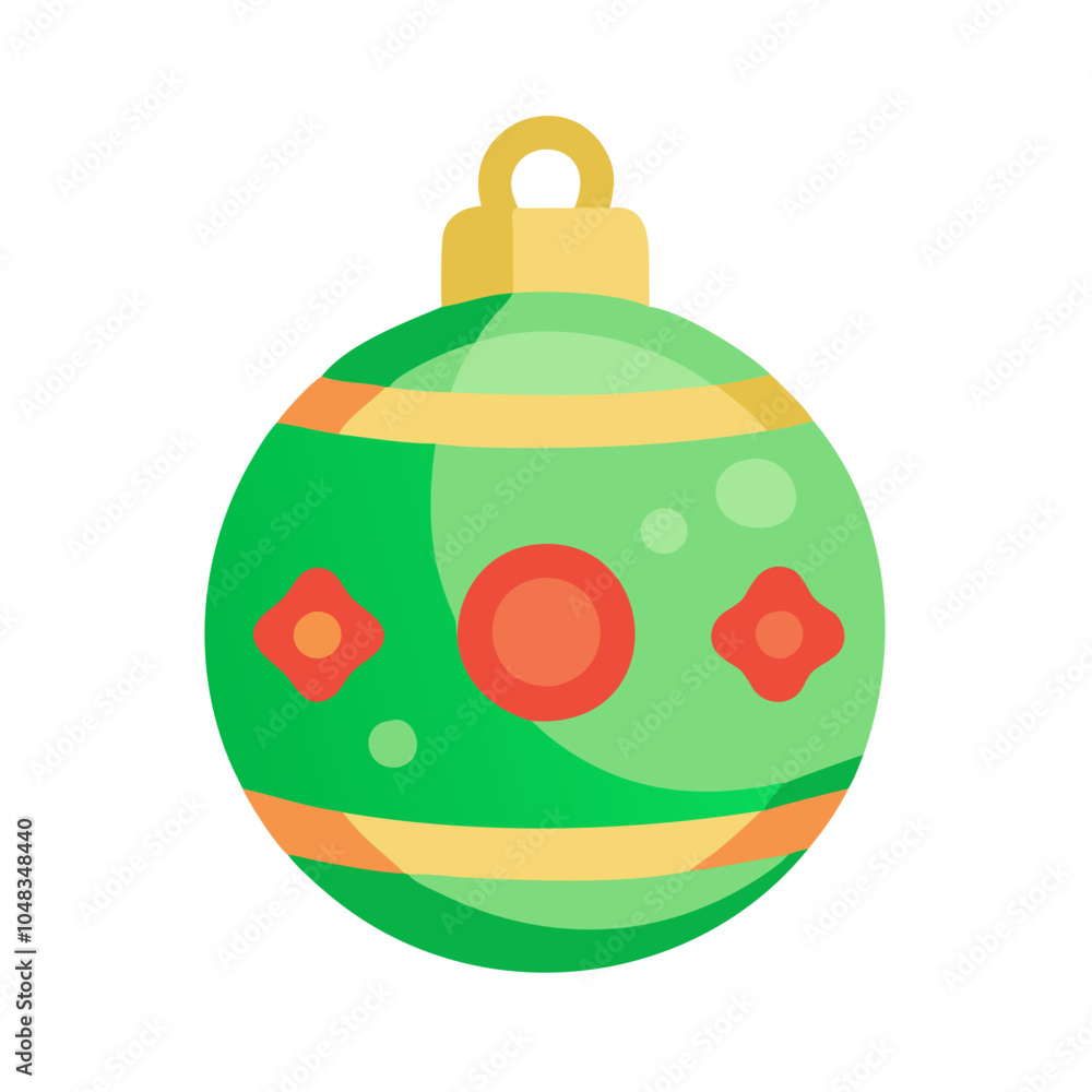 Fototapeta premium a Christmas ornament, specifically a round bauble. It is primarily green with decorative elements. There are two horizontal yellow bands encircling the bauble