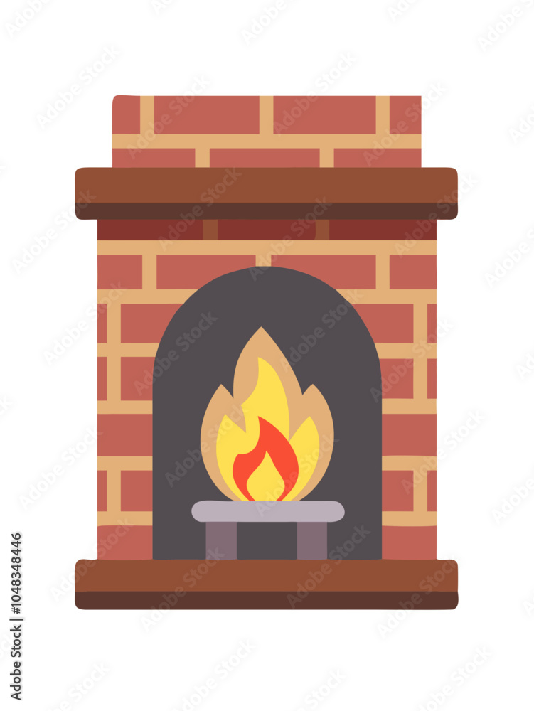 Fototapeta premium an illustration of a brick fireplace. It has a rectangular shape with a brown mantle on top and a brown base. The bricks are depicted in a pattern with alternating shades of red and brown