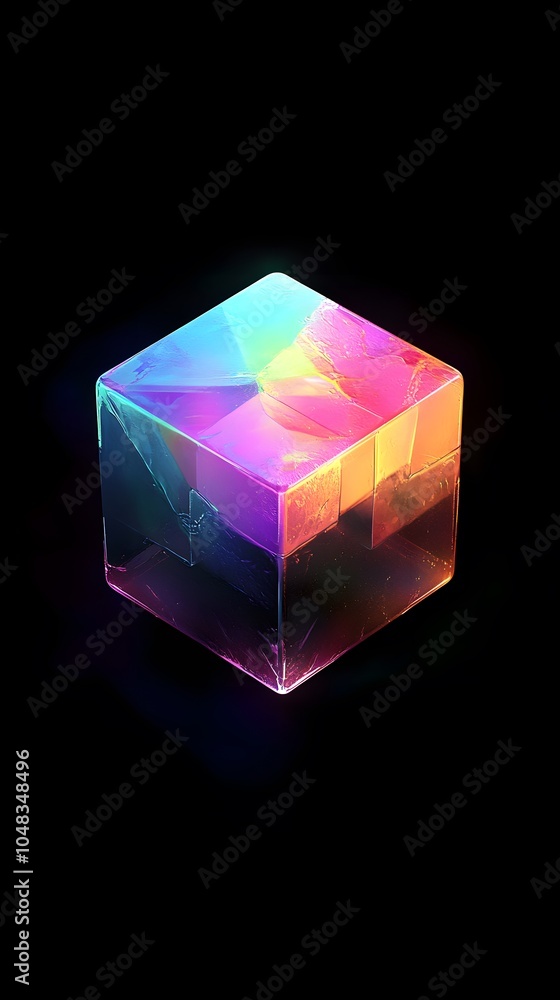 A single, colorful cube floats in the pitch-black space. The cube is translucent and glows with an iridescent rainbow gradient of colors from top to bottom A single, colorful cube floats in the pitch-black space. The cube is translucent and glows with an iridescent rainbow gradient of colors from top to bottom