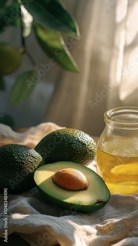 Freshly sliced avocado beside a jar of golden oil on a white cloth with sunli...