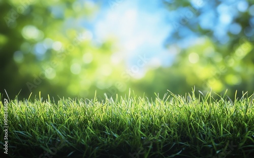 Sunny grass field under tree canopy with soft green leaves during afternoon l...