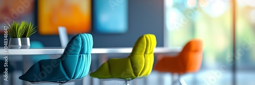 Colorful chairs in a modern cafe with artwork on display in the background du...